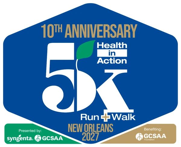 Health in Action 5K Run and 2K Walk, 10th Anniversary, New Orleans 2027. Presented by Syngenta and GCSAA, benefiting the GCSAA Foundation.